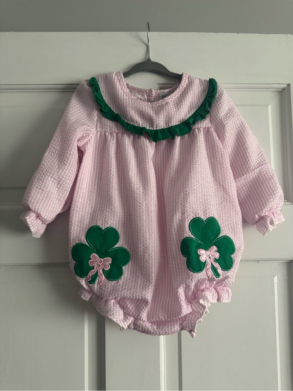 Pink Girls' One-Piece Romper with Green Shamrock Appliqués